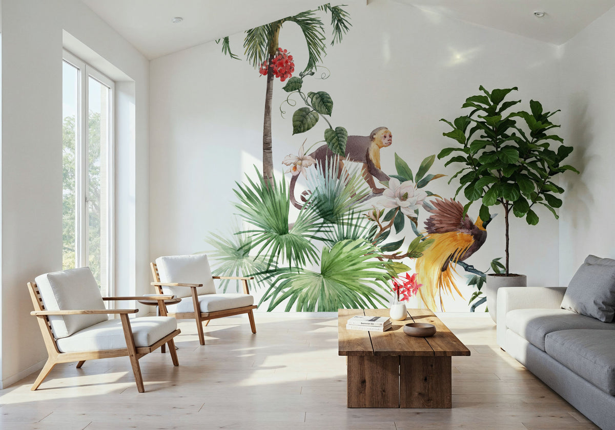 Paradise Bird and Monkey Mural Wallpaper - room preview 02