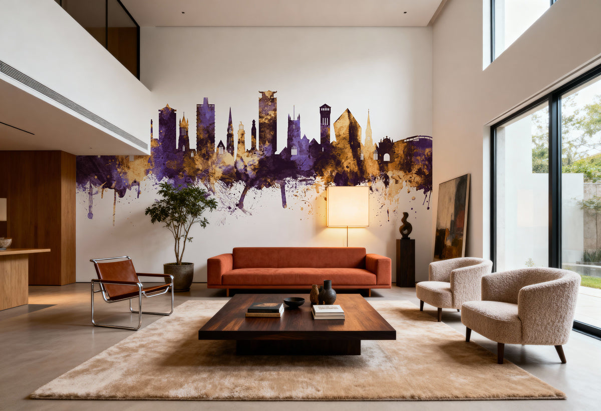 Plymouth England Skyline Purple & Gold Mural Wallpaper - room preview 02