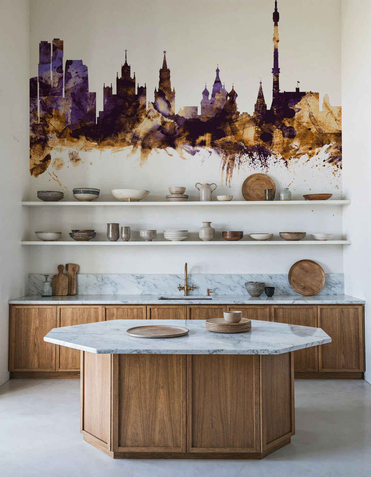 Moscow Russia Skyline Purple & Gold Mural Wallpaper - room preview 02