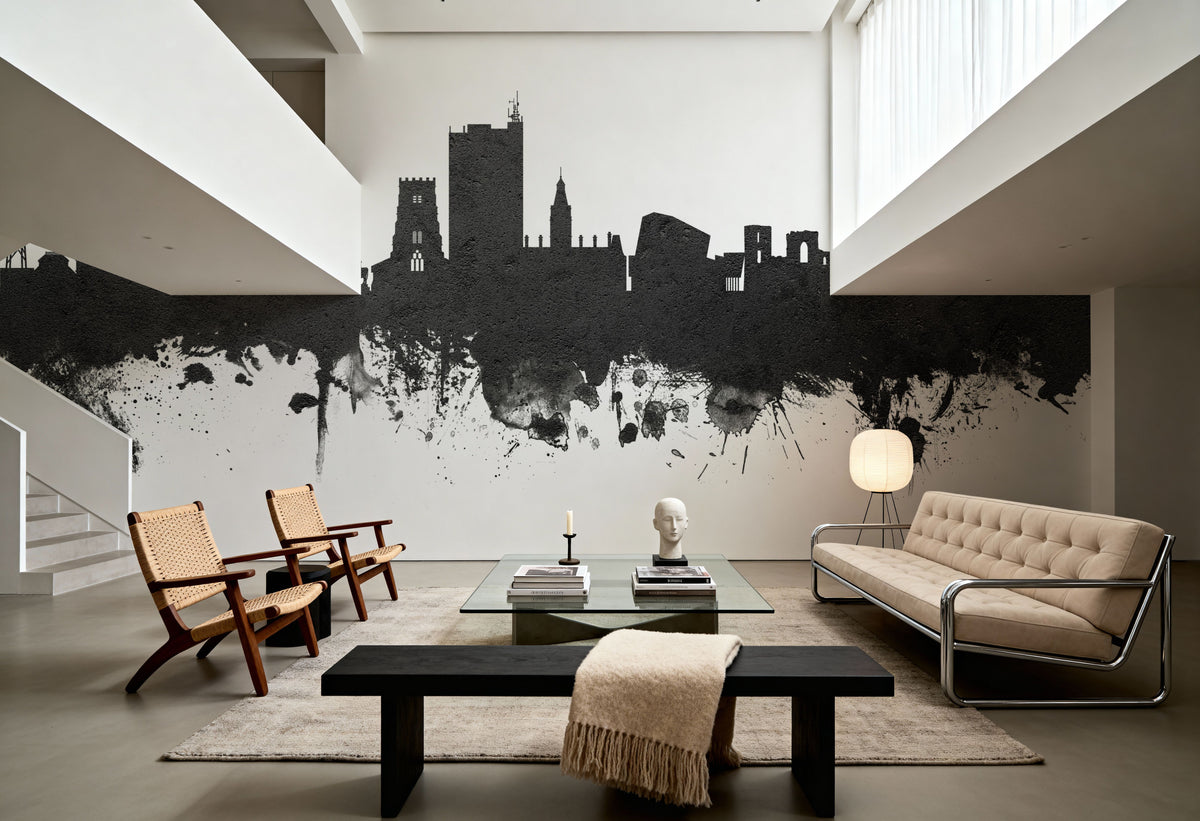 Newport Wales Skyline Black & White Mural Wallpaper - room preview 02