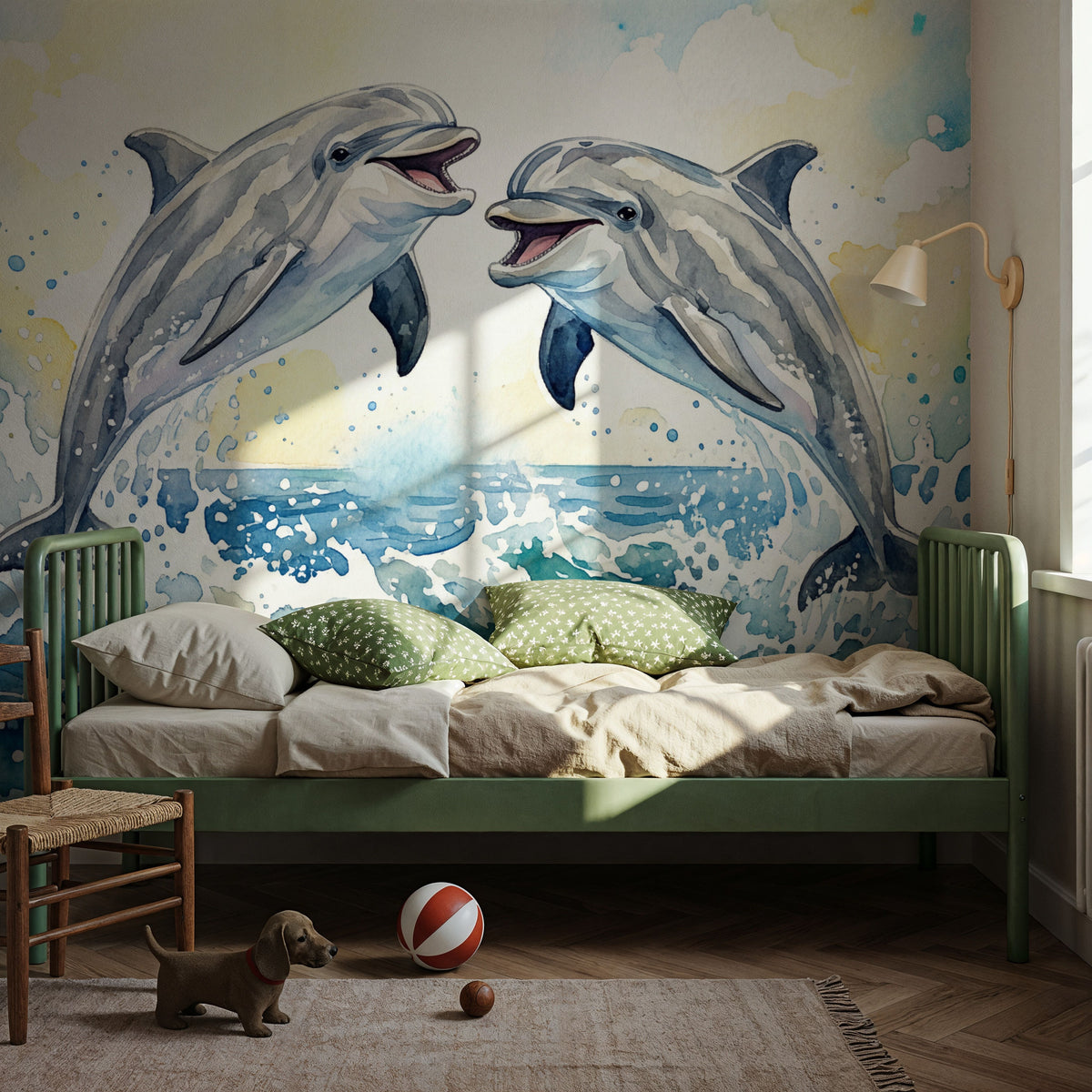 Dolphins II - Watercolor Spirit Animals Series Mural Wallpaper - room preview 02