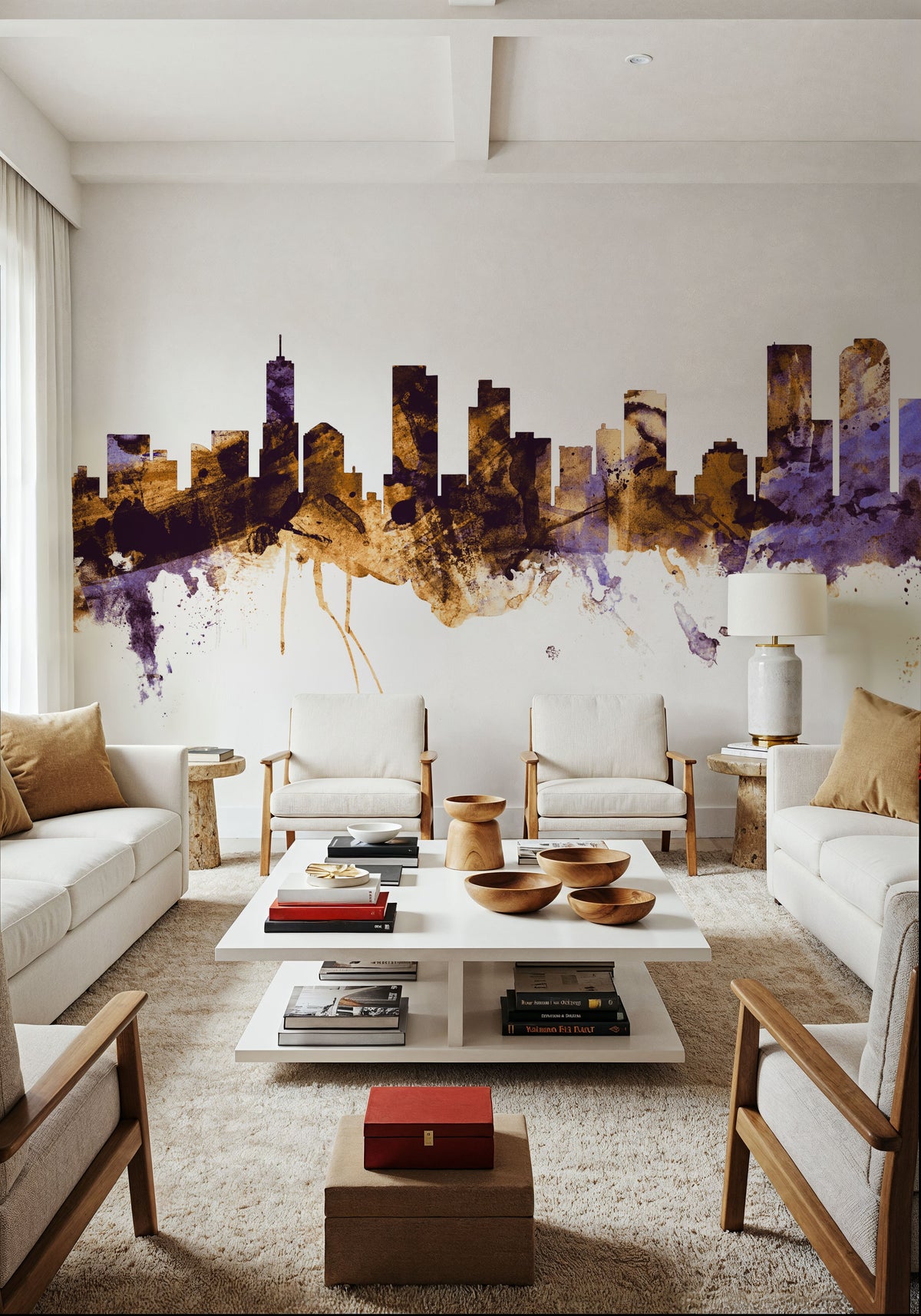 Denver Skyline Purple & Gold Mural Wallpaper - room preview 02