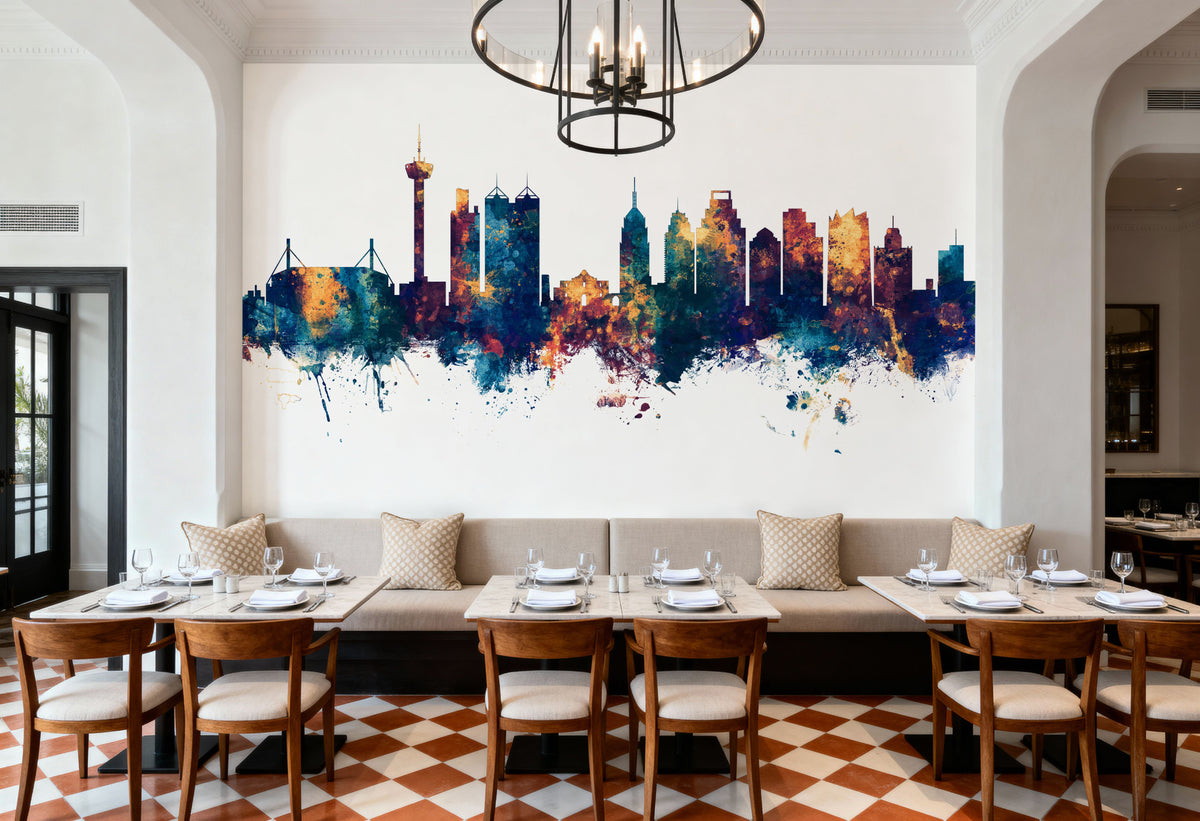 San Antonio Texas Skyline Blue & Bronze Mural Wallpaper - room preview 02