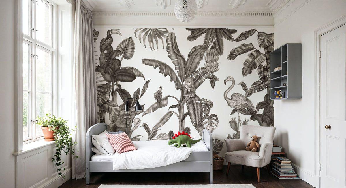 Monkeys with Birds, W&B Mural Wallpaper - room preview 02