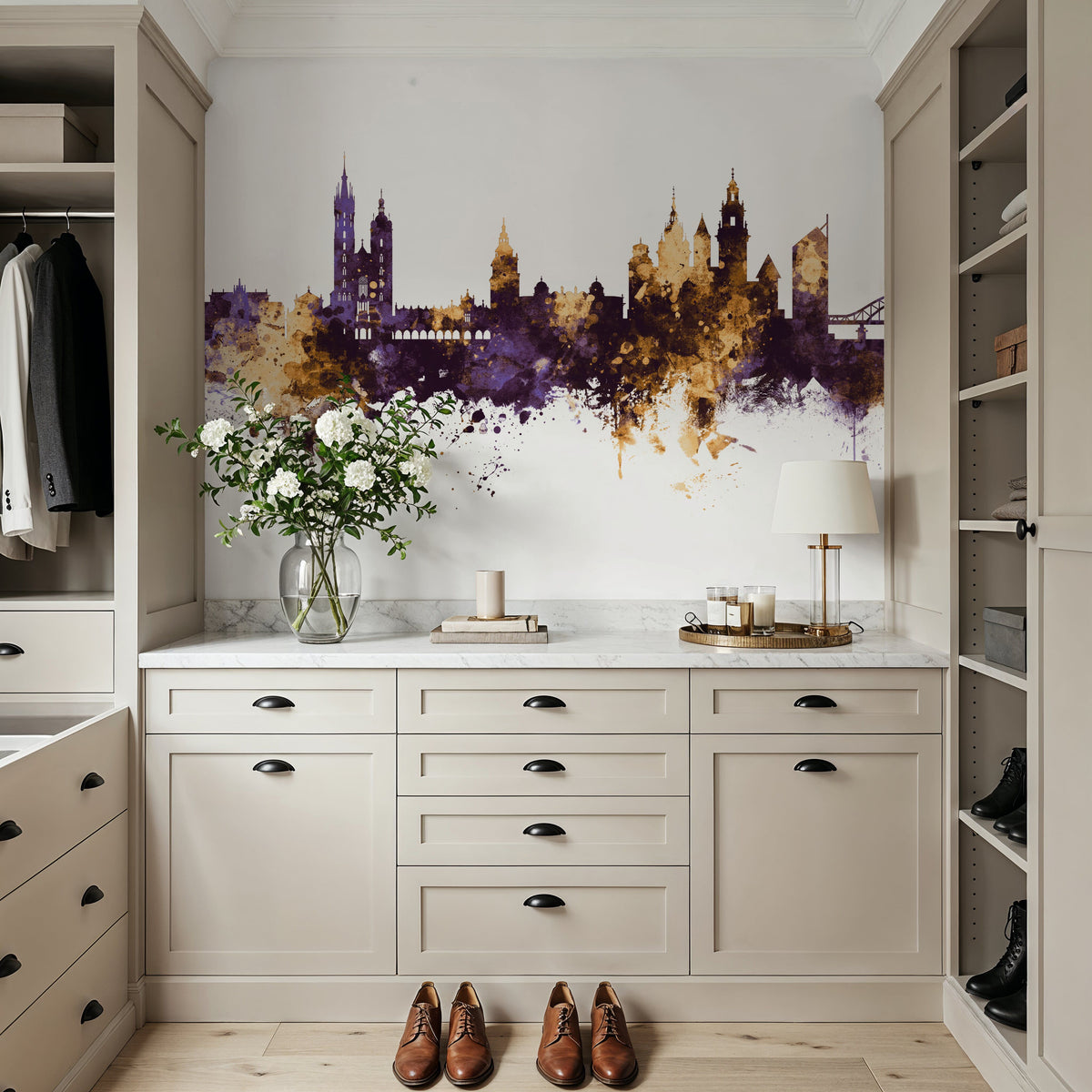 Krakow Skyline Purple & Gold Mural Wallpaper - room preview 02