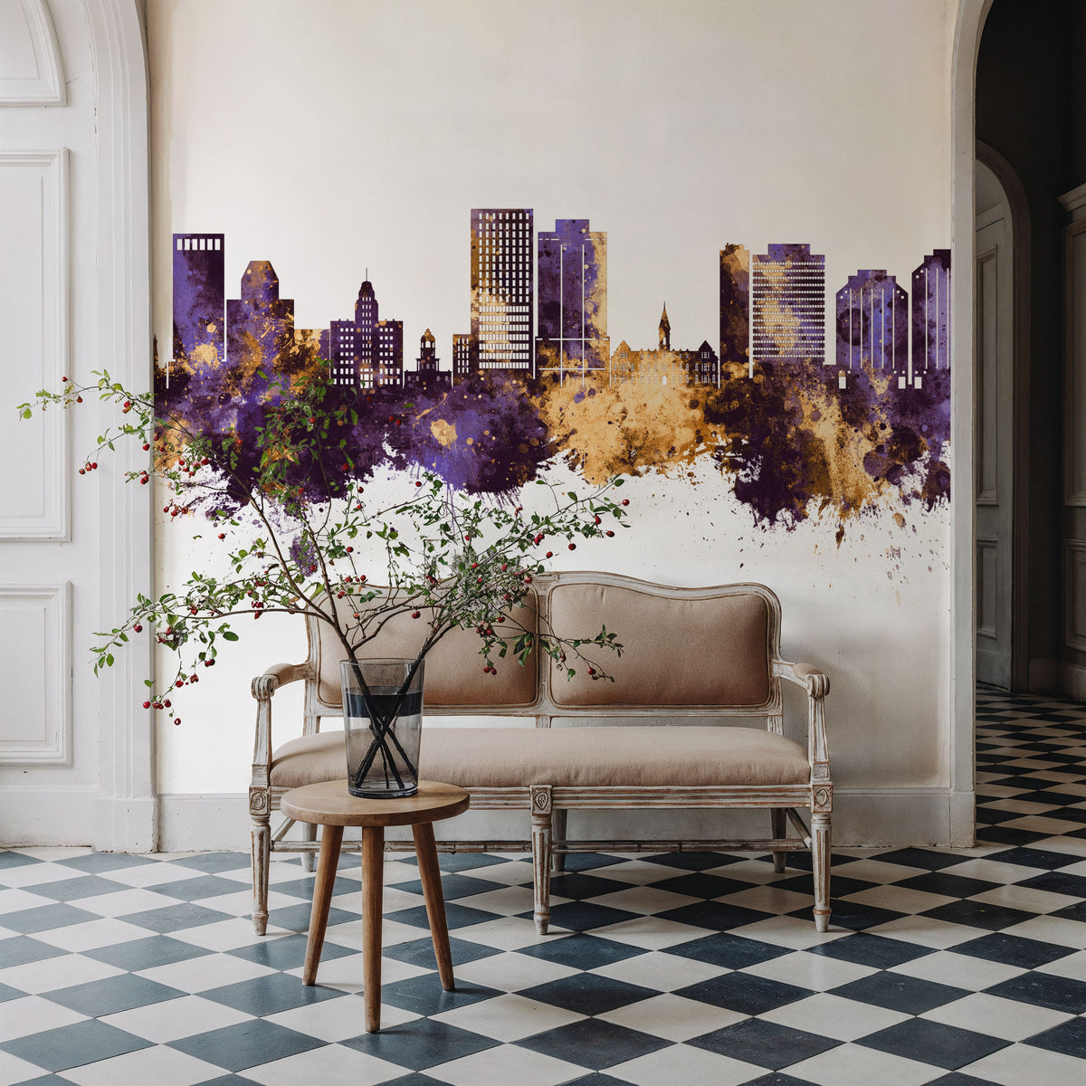 Halifax Canada Skyline Purple & Gold Mural Wallpaper - room preview 02