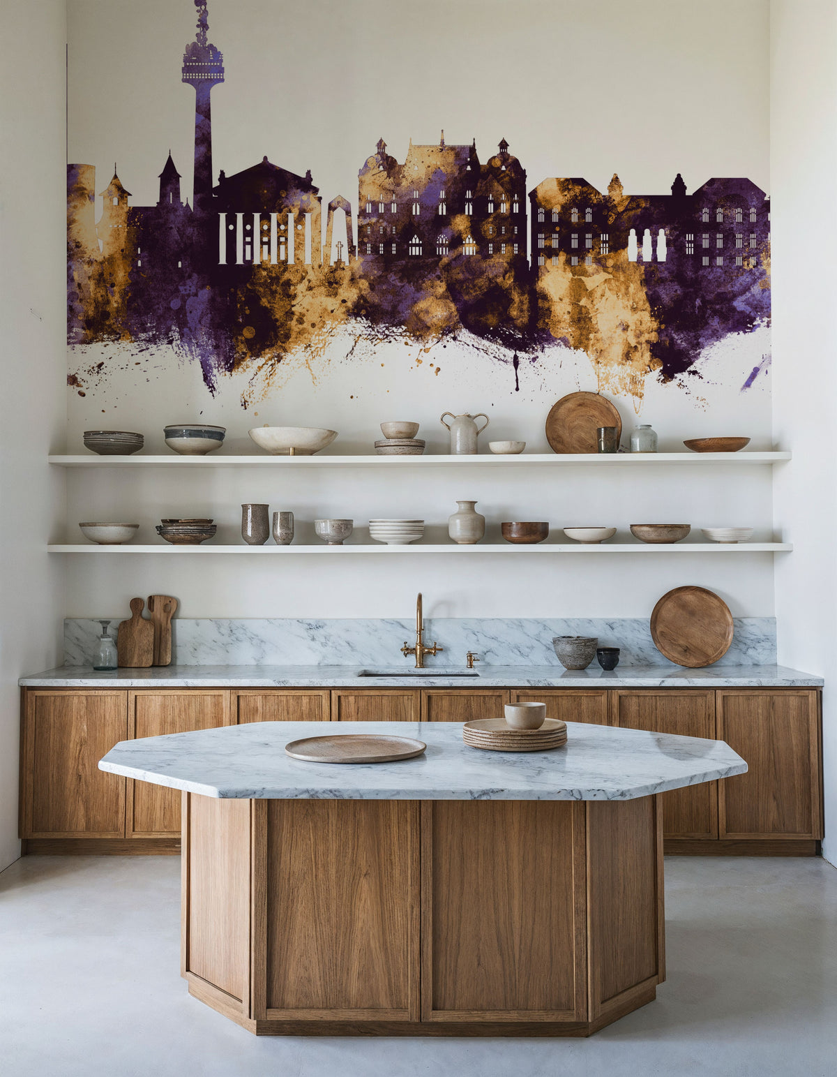 Galaţi Romania Skyline Purple & Gold Mural Wallpaper - room preview 02