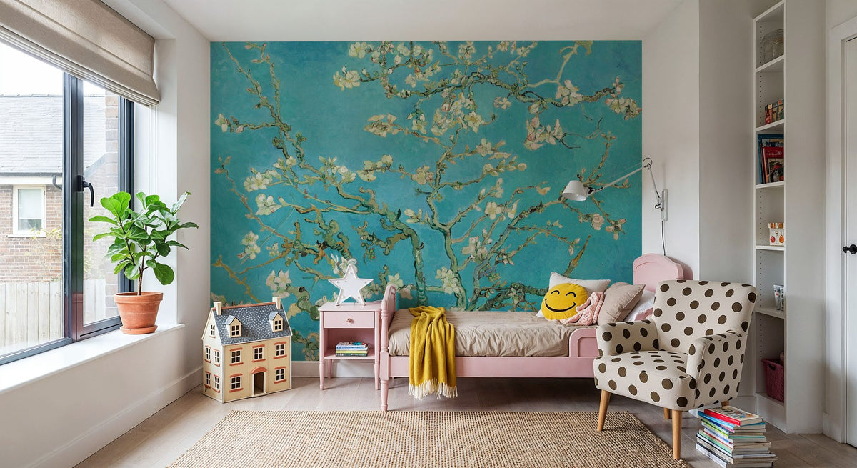Almond Blossom, Turquoise Mural Wallpaper - room preview 02