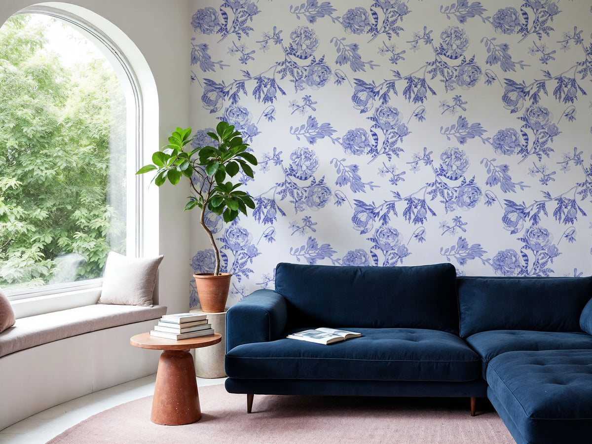 Peony Passion, Blue on White Mural Wallpaper - room preview 02