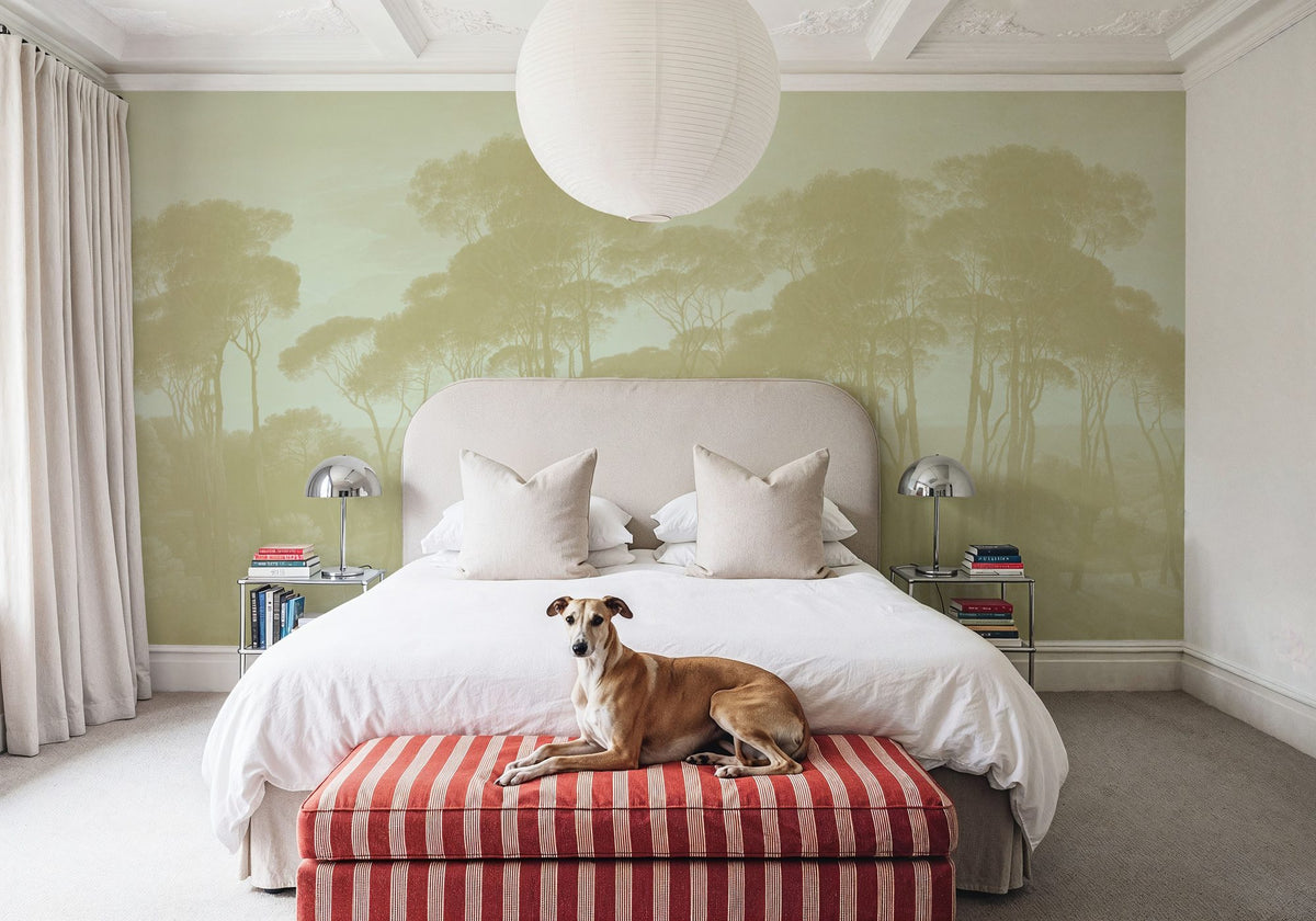 Mediterranean Pine Landscape, Greenish Beige Mural Wallpaper - room preview 02