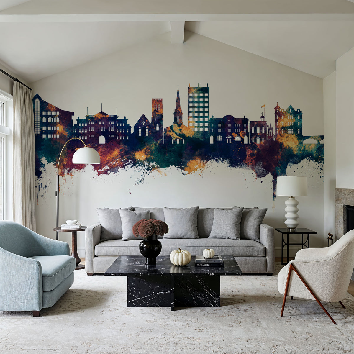 Maidstone England Skyline Blue & Bronze Mural Wallpaper - room preview 02