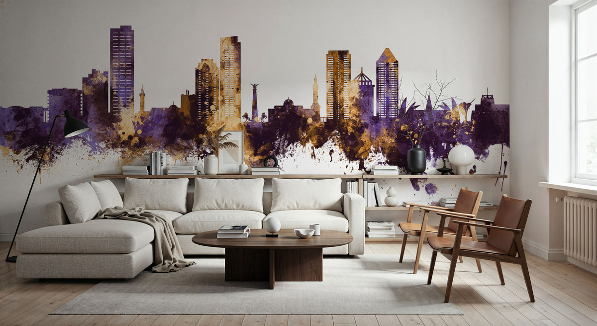 Umm Al Quwain Skyline Purple & Gold Mural Wallpaper - room preview 02