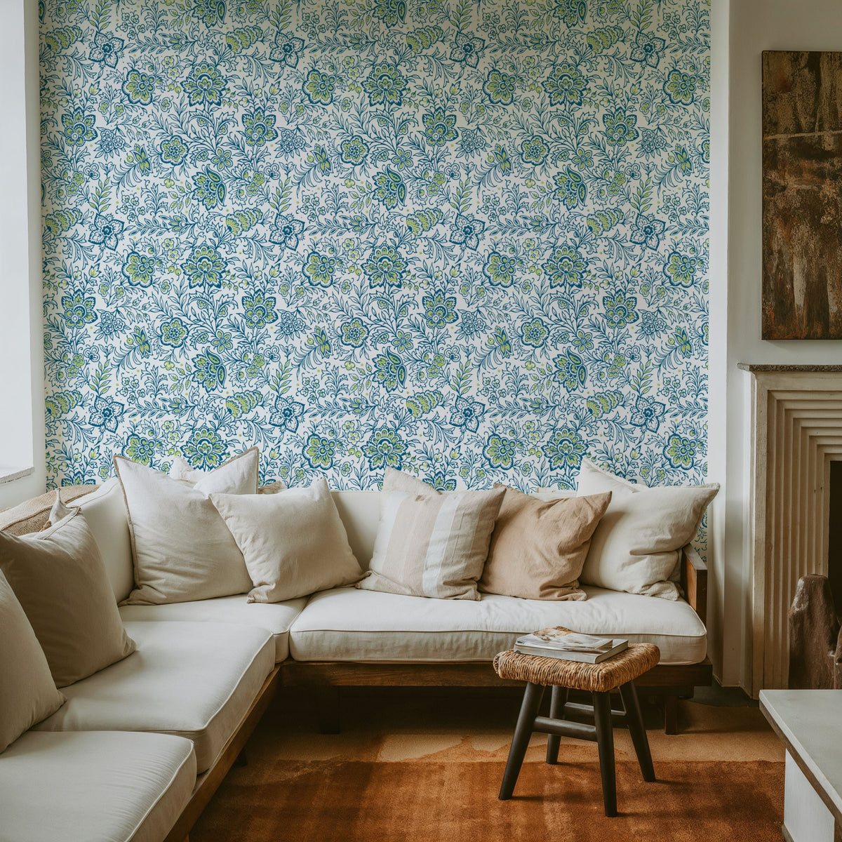 Kala Flowers Blue on White Mural Wallpaper - room preview 02