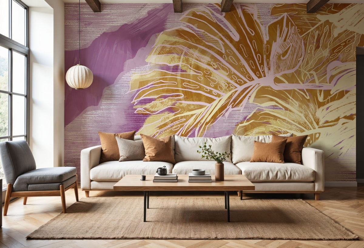 High Grunge Leaves Mural Wallpaper - Red Tone - room preview 02