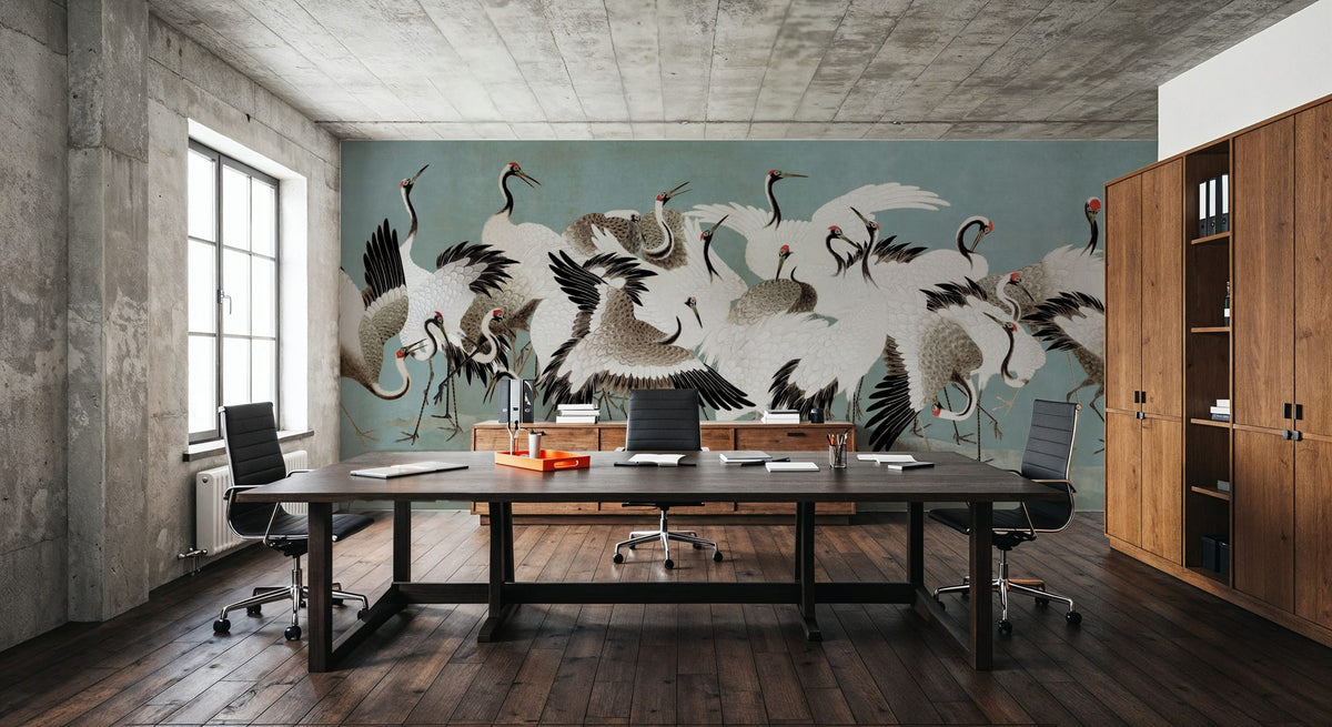 Japanese Flock of Cranes, Calm Ocean Mural Wallpaper - room preview 02