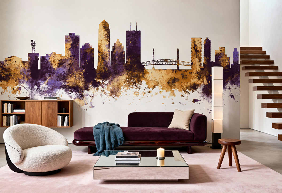 Jacksonville Florida Skyline Purple & Gold Mural Wallpaper - room preview 02