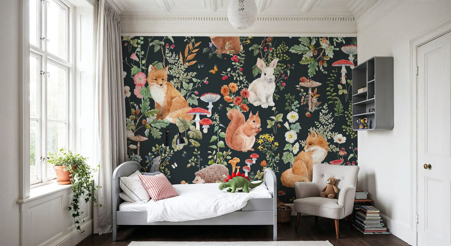 Baby Animals Wallpaper Mural – Cute Animals Wall Mural – Baby Animals Nordic Fauna, Dark Blue