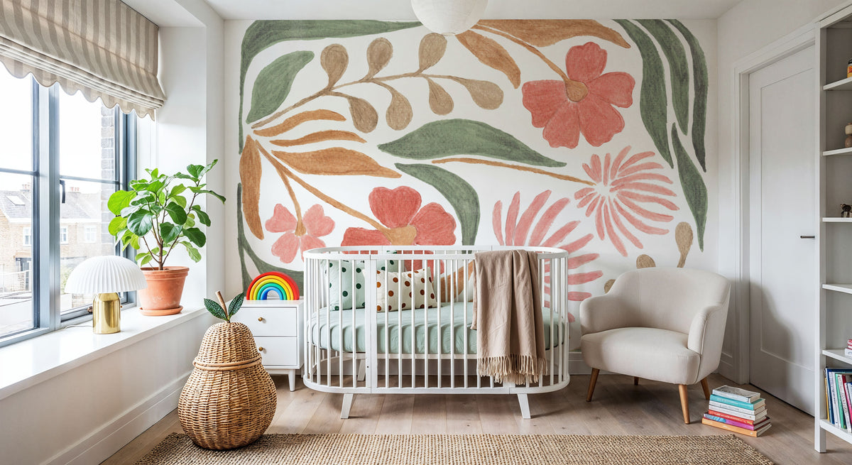 Floral Abstract II on White Mural Wallpaper - room preview 02