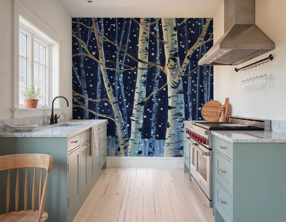 Snowy Birch Grove At Night Mural Wallpaper - room preview 02