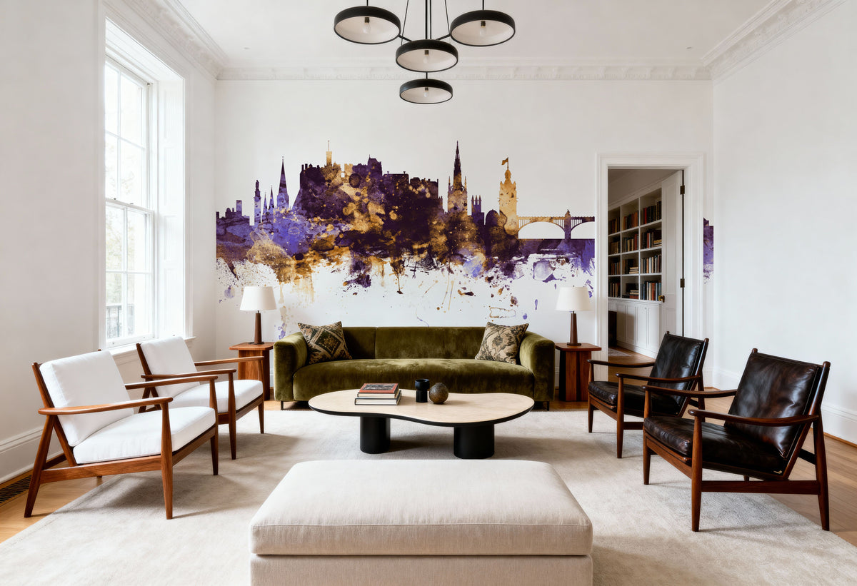 Edinburgh Scotland Skyline Purple & Gold Mural Wallpaper - room preview 02