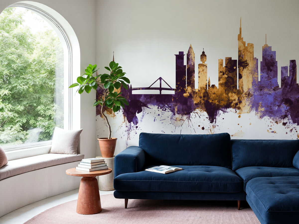 Frankfurt Skyline Purple & Gold Mural Wallpaper - room preview 02