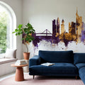 Frankfurt Skyline Purple & Gold Mural Wallpaper - room preview 02