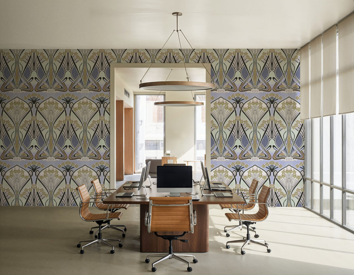 Floral Art Deco Aura, Periwinkle Mural Wallpaper - room preview 02