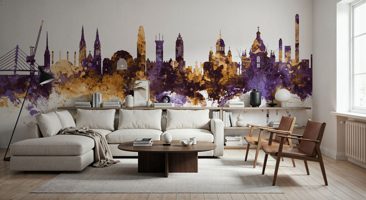 Helsinki Skyline Purple & Gold Mural Wallpaper - room preview 02