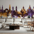 Helsinki Skyline Purple & Gold Mural Wallpaper - room preview 02