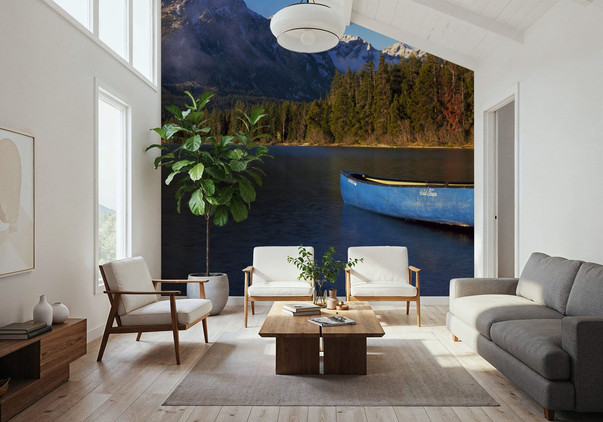 Mountain Lake Canoe Mural Wallpaper - room preview 02