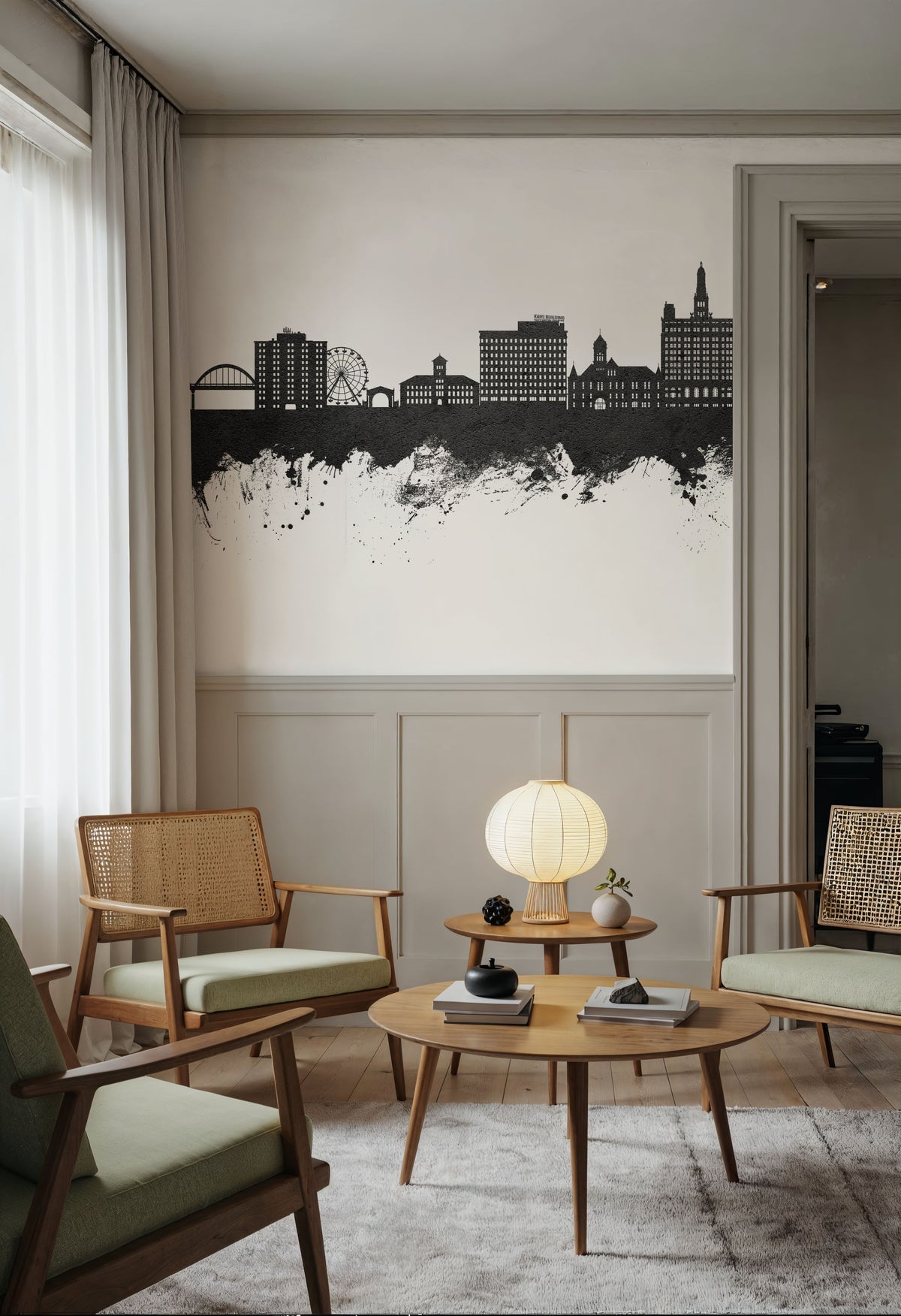Davenport Iowa Skyline Black & White Mural Wallpaper - room preview 02