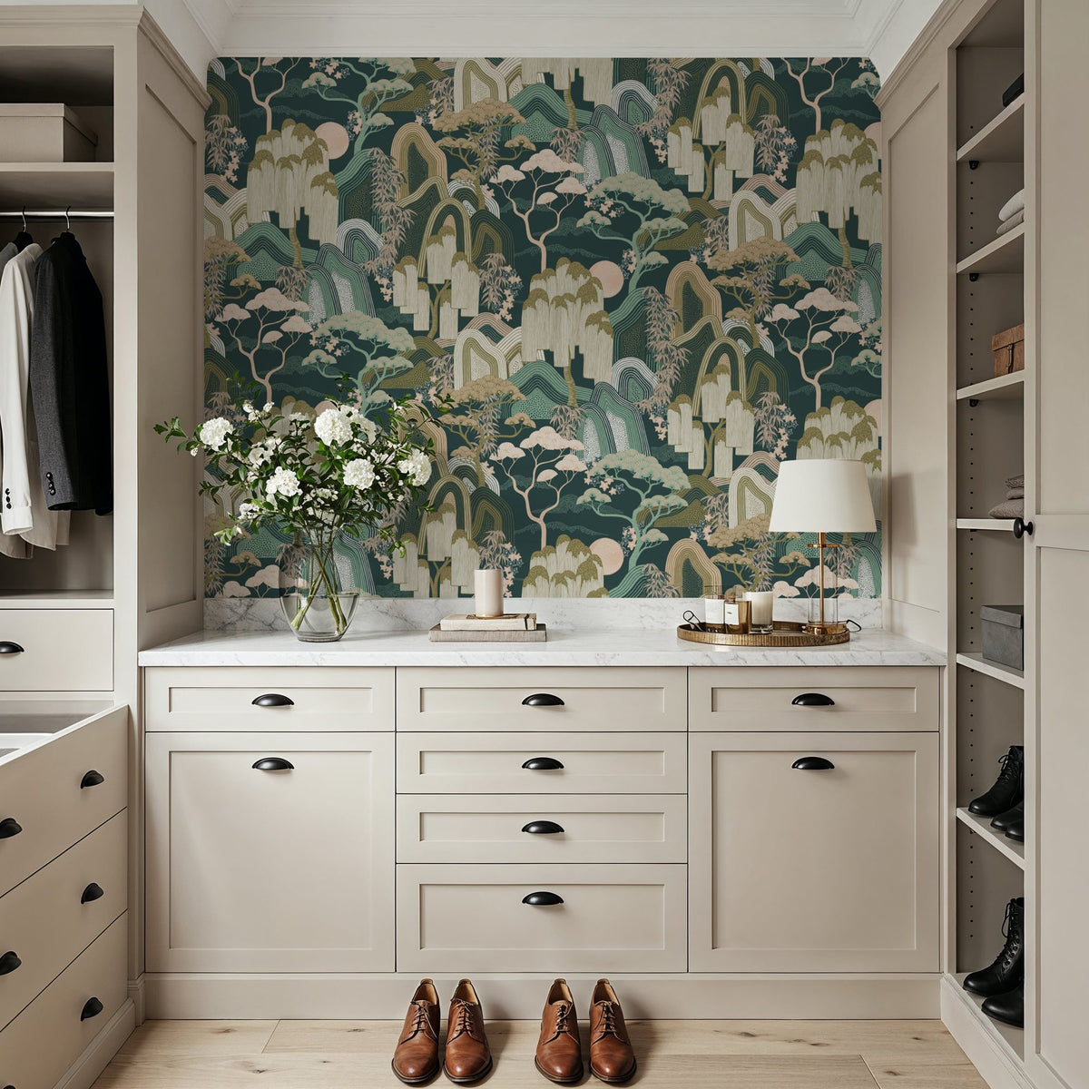 Whispers of the Mountain Pattern, Green Mural Wallpaper - room preview 02