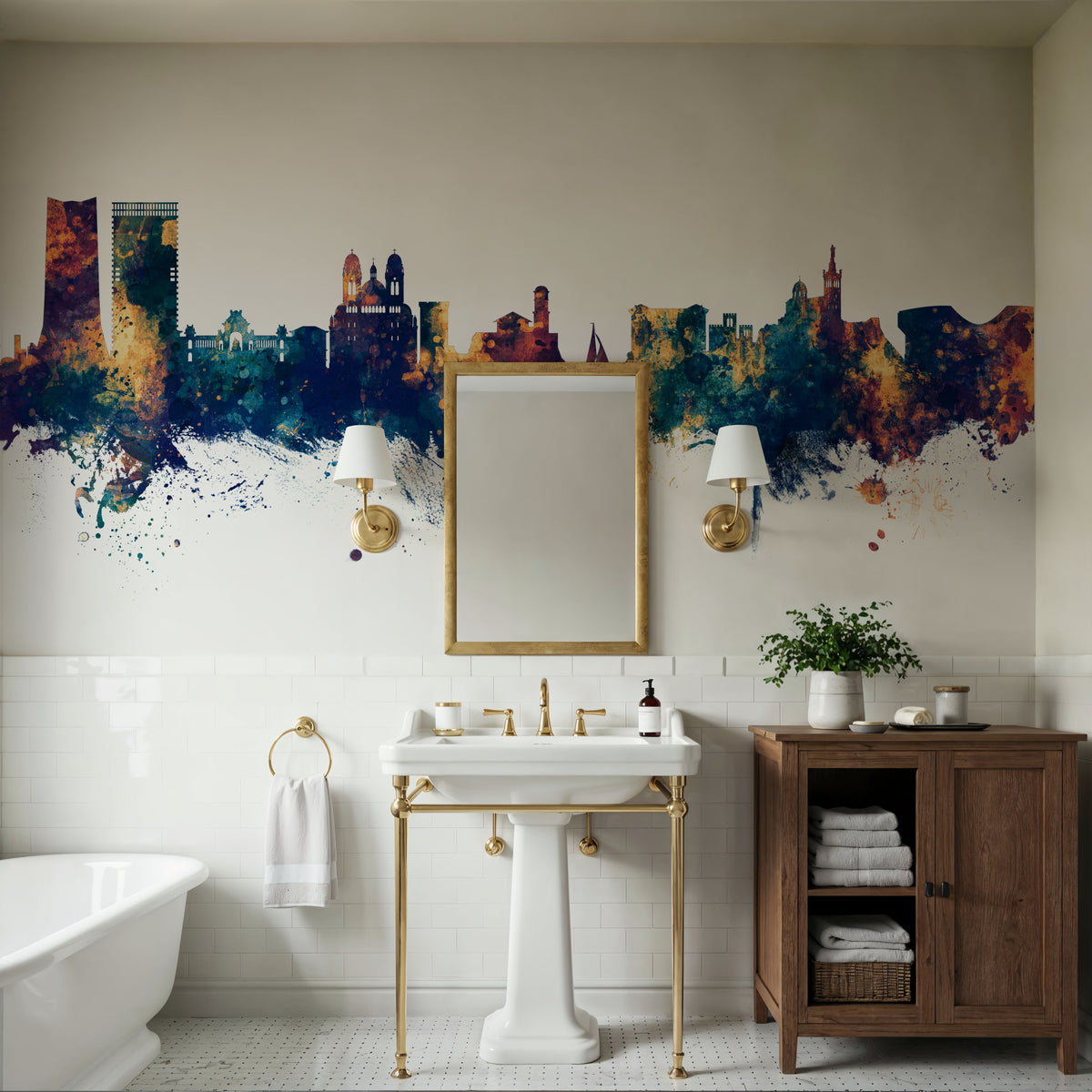 Marseille France Skyline Blue & Bronze Mural Wallpaper - room preview 02