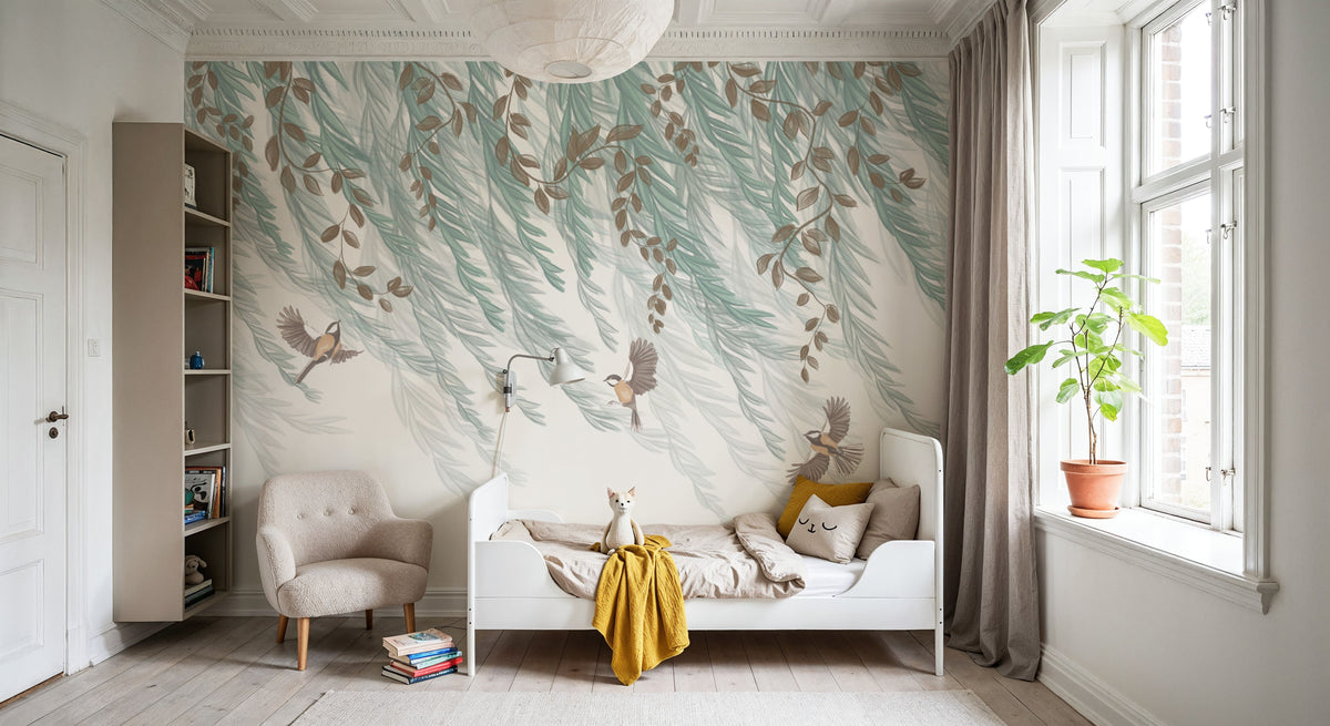 Willow & Birds, White Mural Wallpaper - room preview 02
