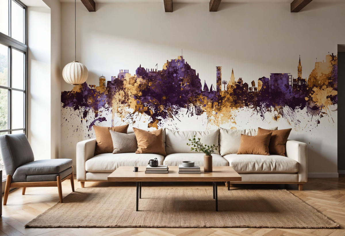 Jersey Channel Islands Skyline Purple & Gold Mural Wallpaper - room preview 02