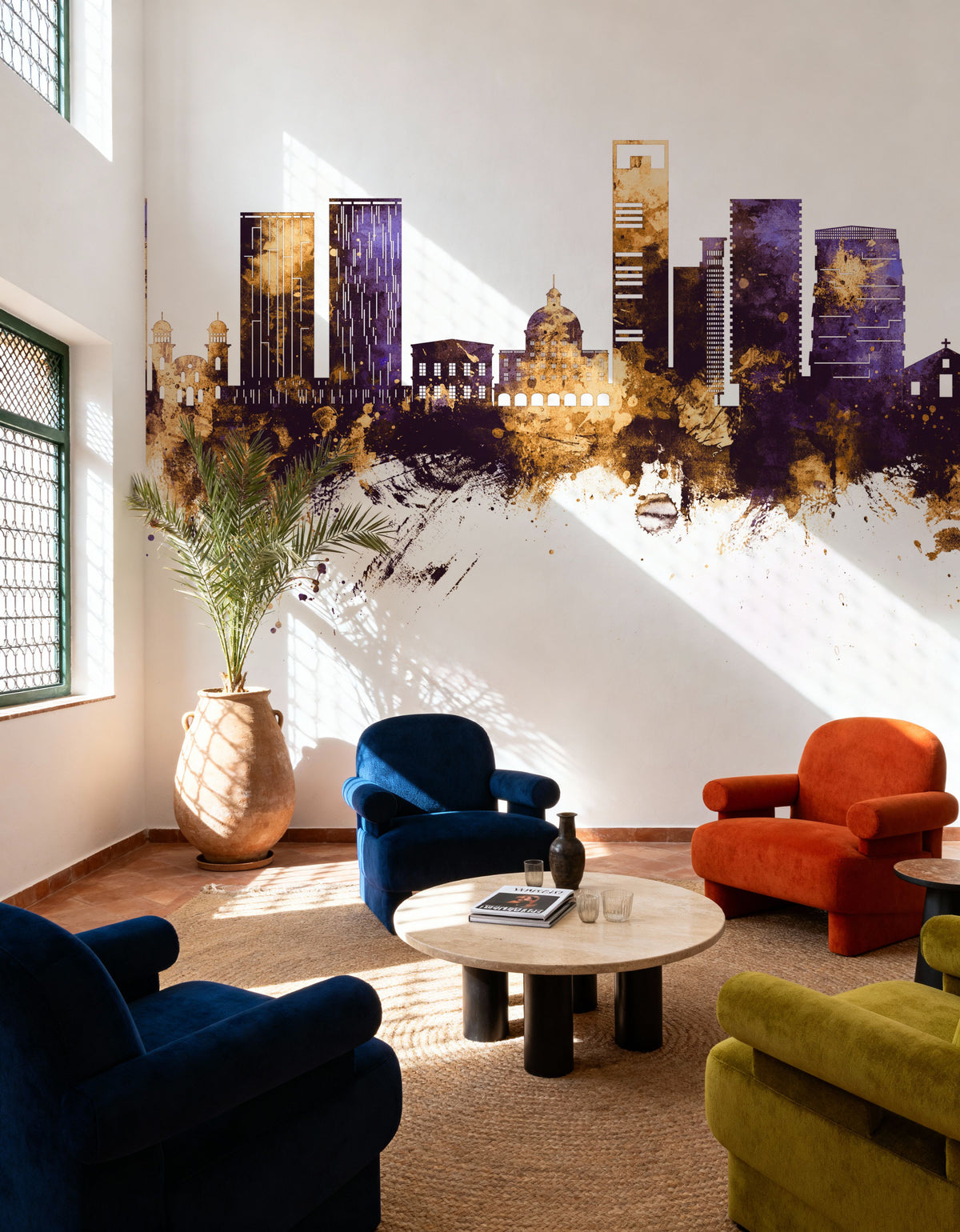 Luanda Skyline Purple & Gold Mural Wallpaper - room preview 02