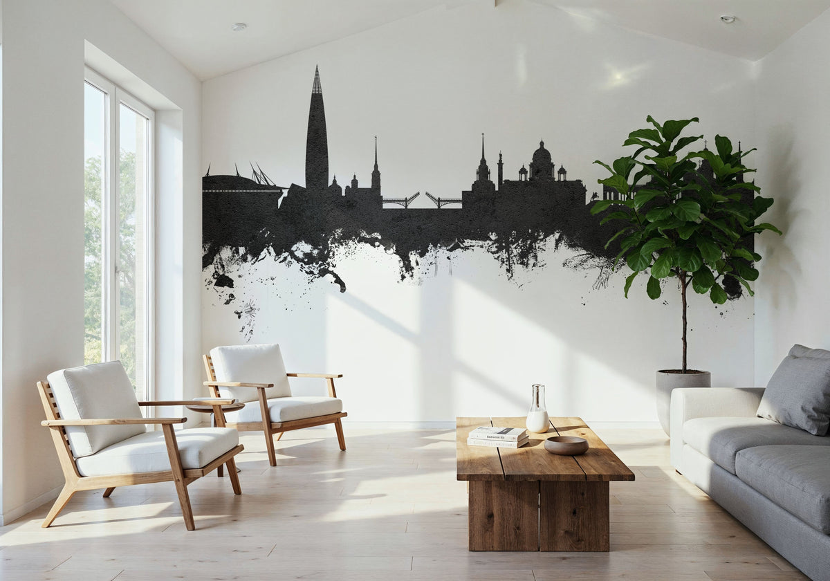 St Petersbug Russia Skyline Black & White Mural Wallpaper - room preview 02