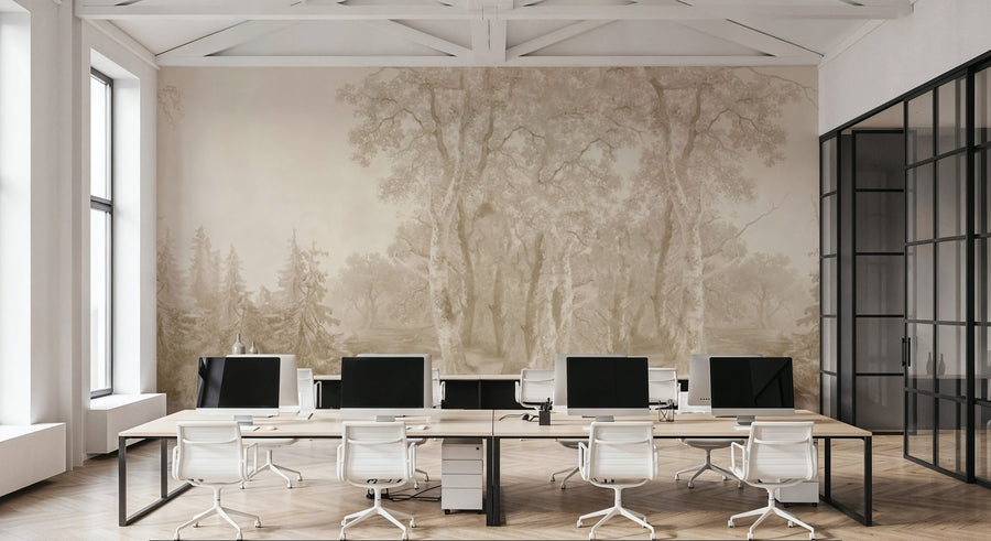 Forest Wallpaper Mural – Woodland Wall Mural – Forest Immersion Pale Beige
