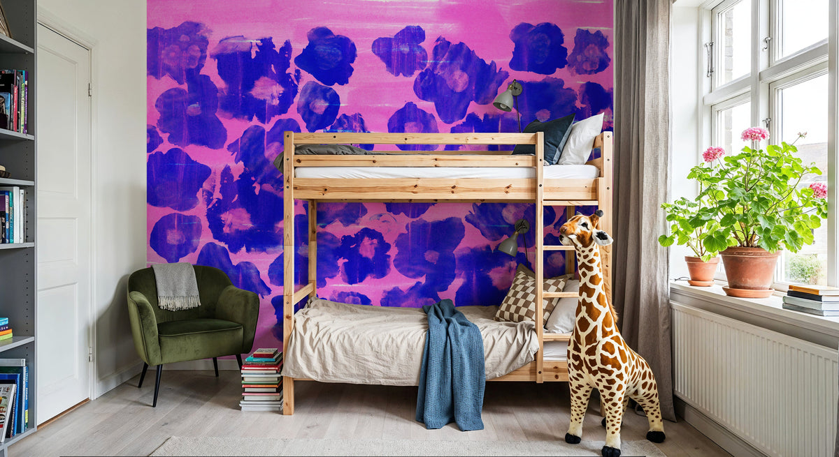 Flower Poufs, Indigo on Pink Mural Wallpaper - room preview 02