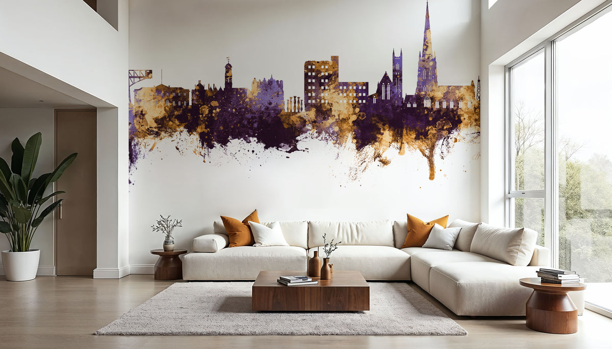 Warrington England Skyline Purple & Gold Mural Wallpaper - room preview 02
