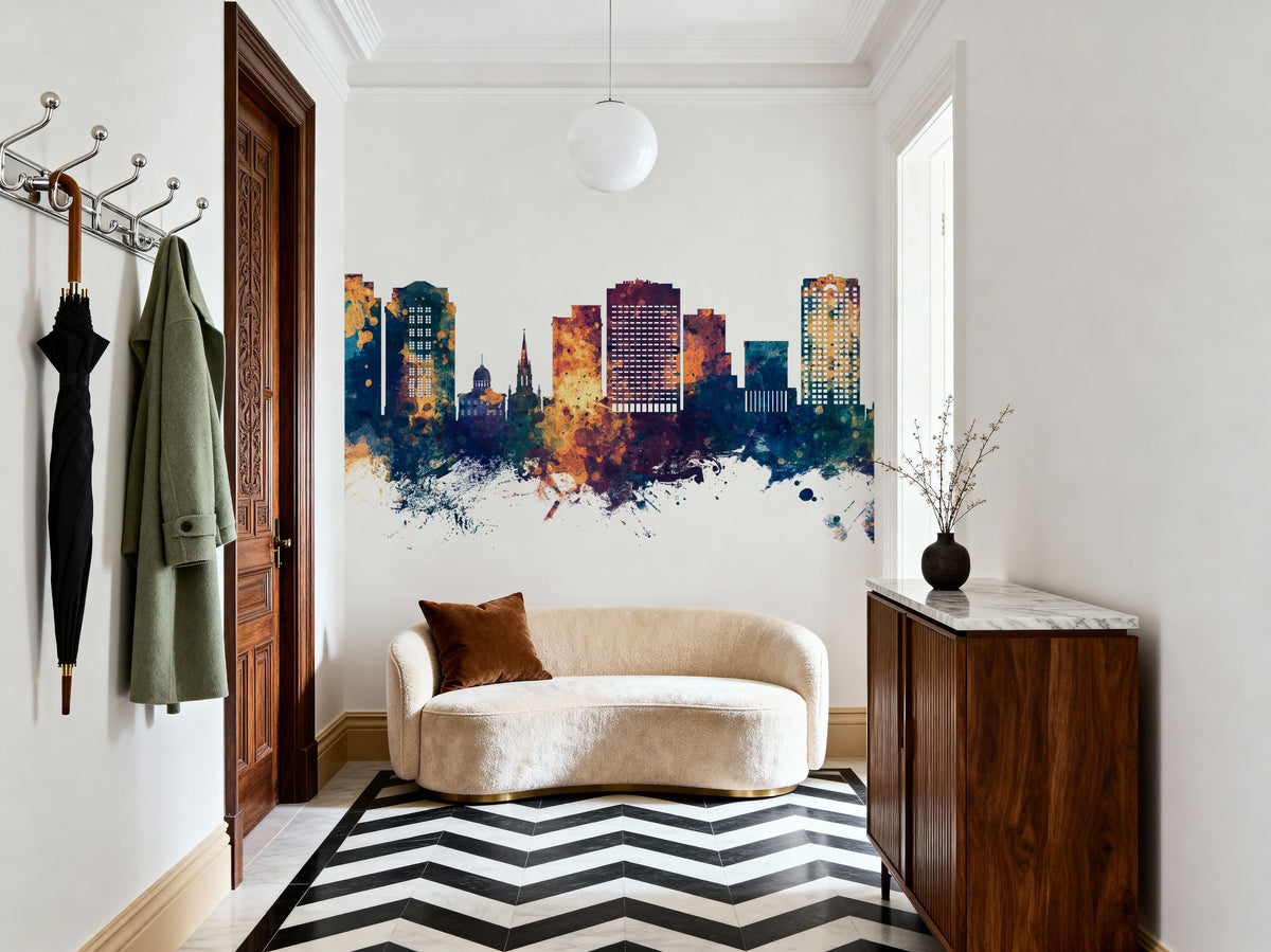 Norfolk Virginia Skyline Blue & Bronze Mural Wallpaper - room preview 02