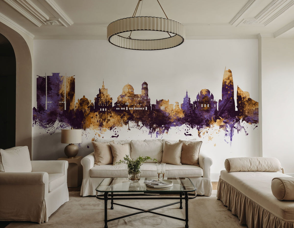 Sofia Bulgaria Skyline Purple & Gold Mural Wallpaper - room preview 02