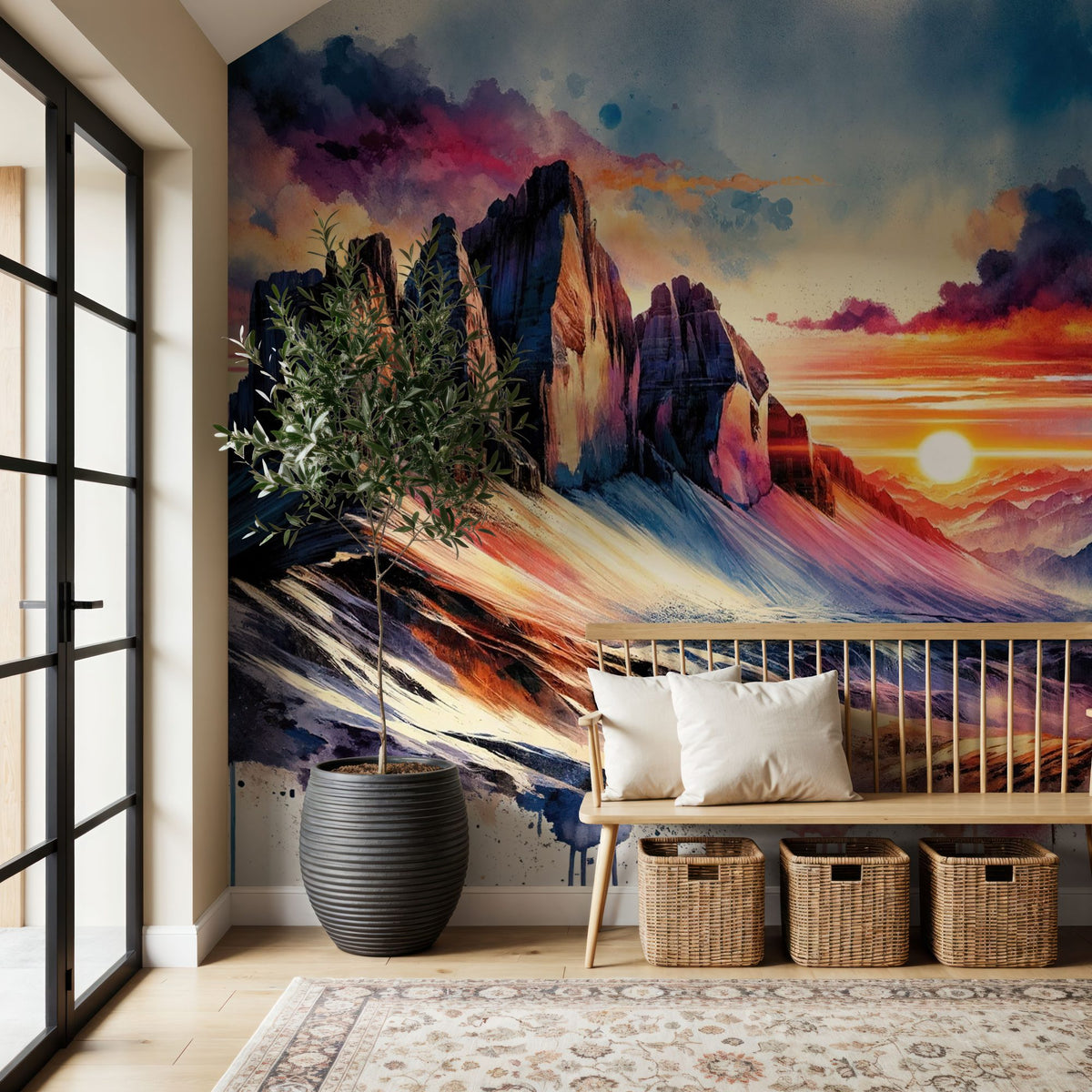 Watercolor Mountains Landscape At Sunset Mural Wallpaper - room preview 02