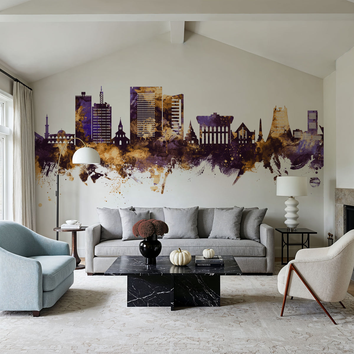 Yaoundé Cameroon Skyline Purple & Gold Mural Wallpaper - room preview 02