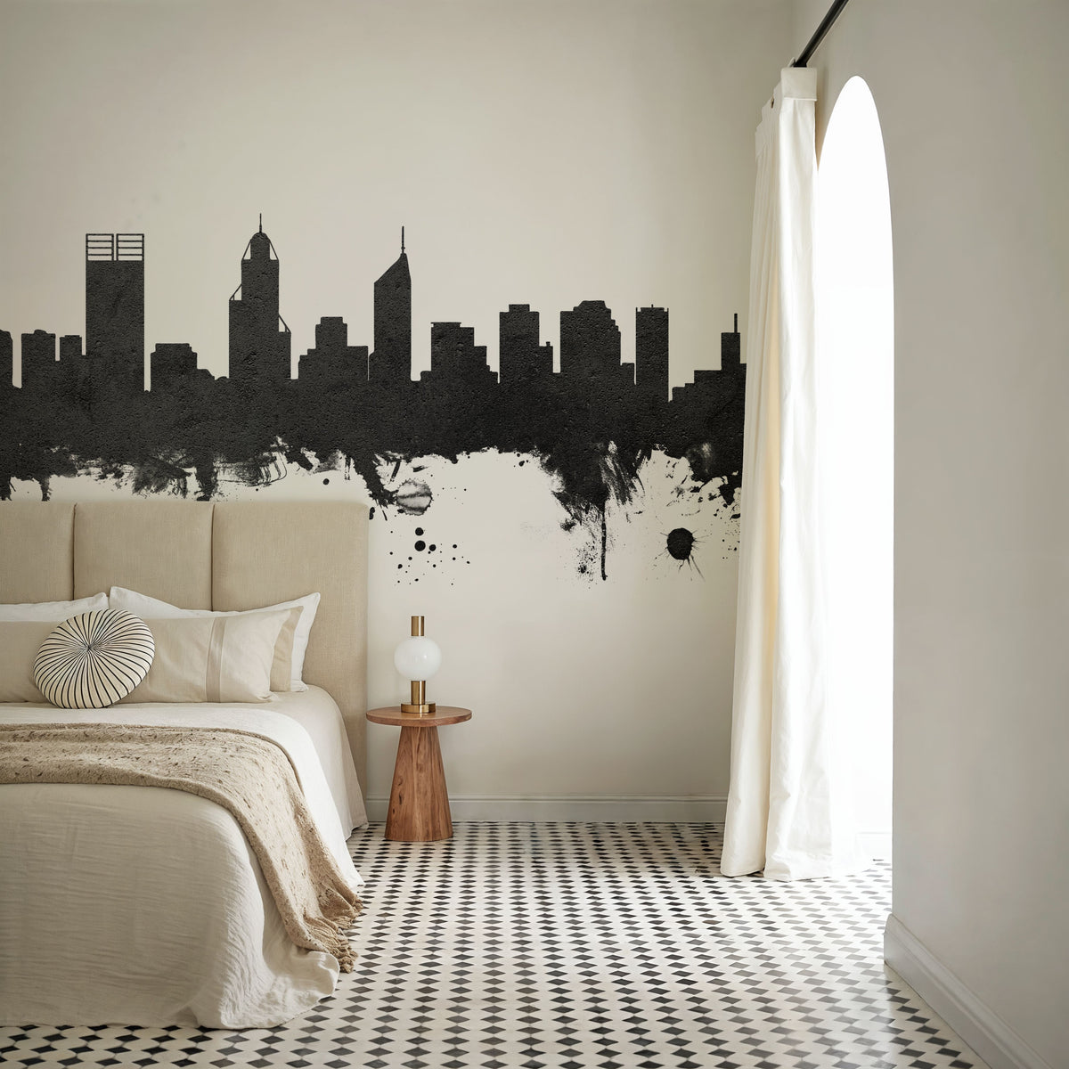 Perth Australia Skyline Black & White Mural Wallpaper - room preview 02