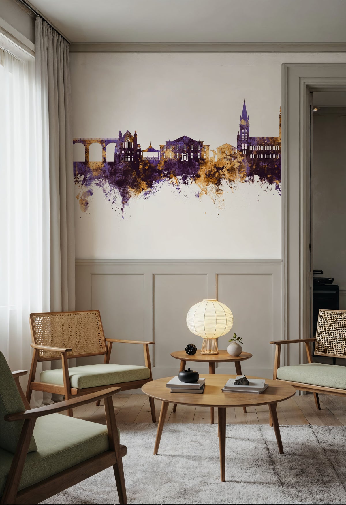 Truro England Skyline Purple & Gold Mural Wallpaper - room preview 02