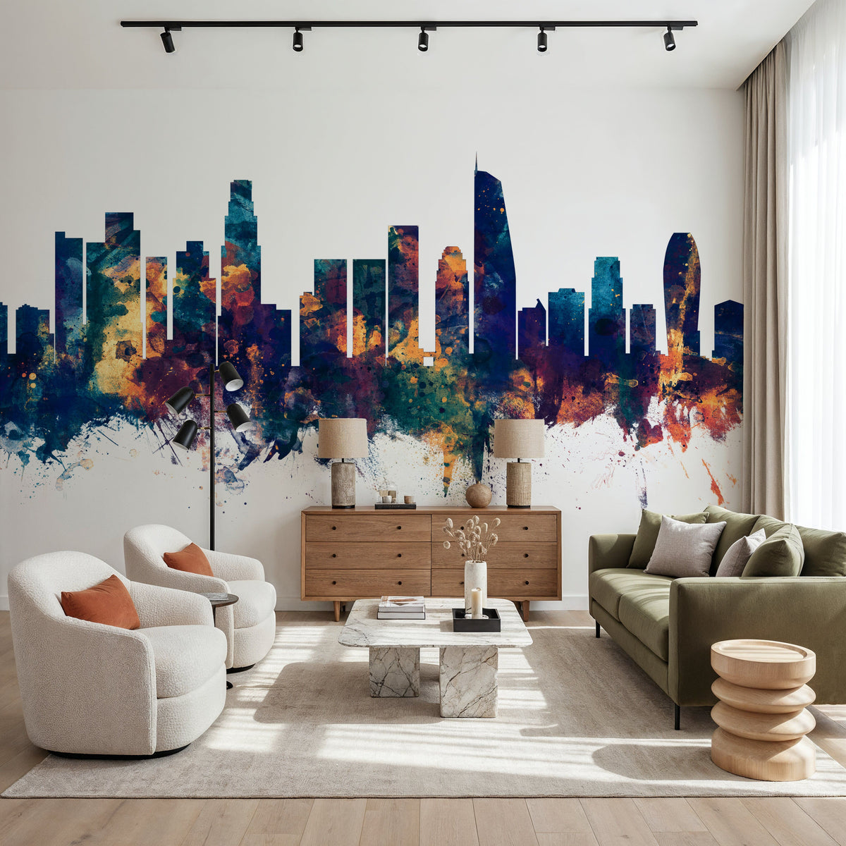 Los Angeles Skyline Blue & Bronze Mural Wallpaper - room preview 02