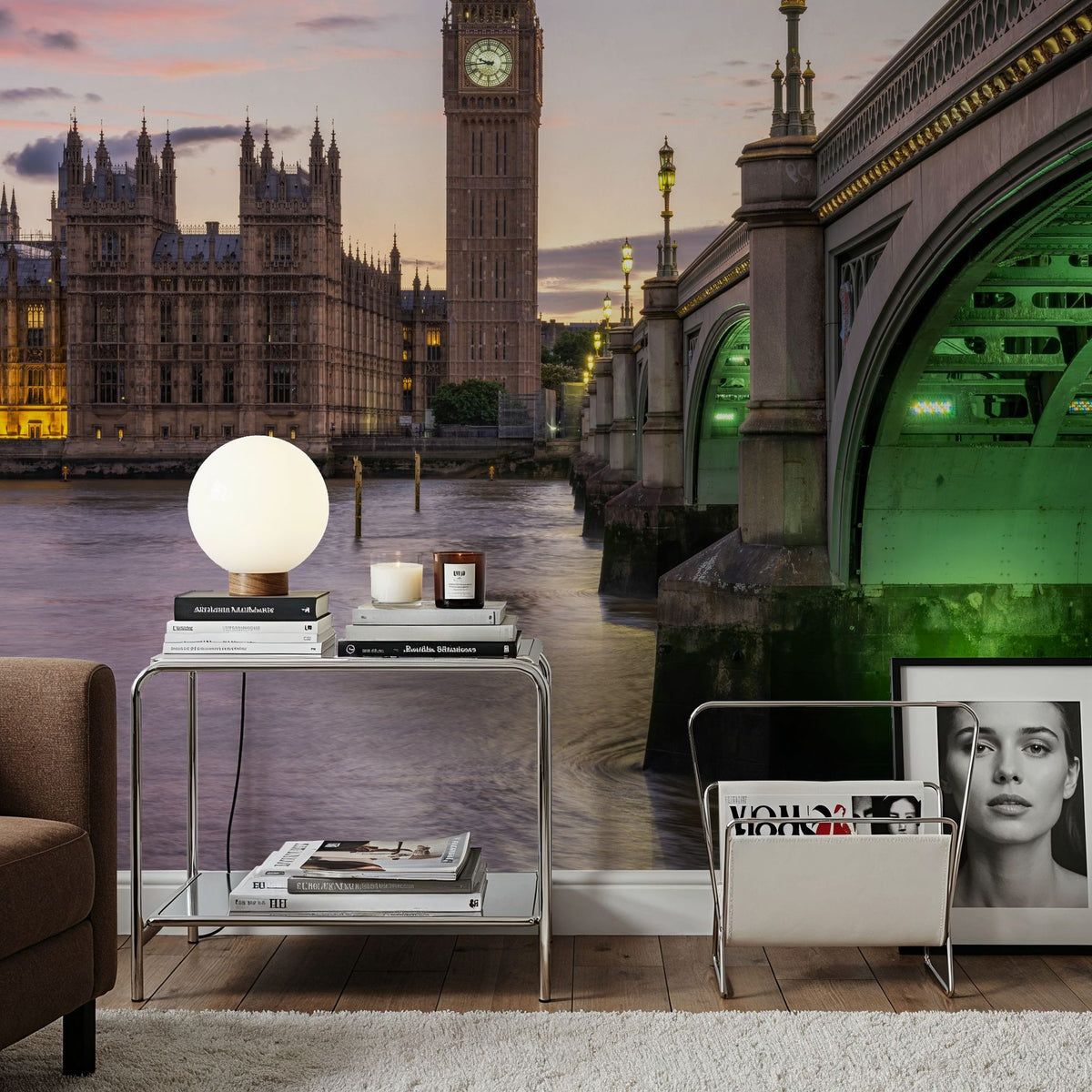 Big Ben and Westminster Bridge At Sunset Mural Wallpaper - room preview 02