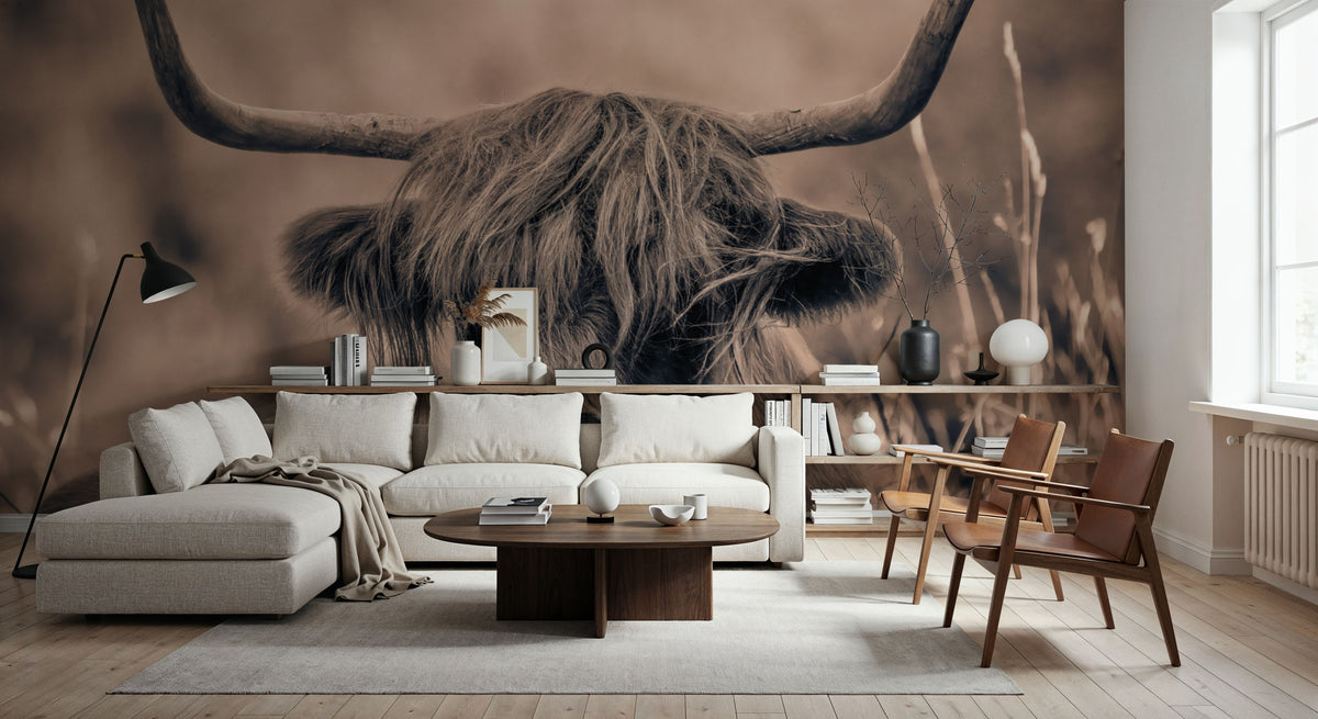 Highland Meadow Portrait Sepia Mural Wallpaper - room preview 02