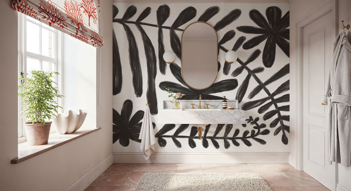 Fern and Flower Black Mural Wallpaper - room preview 02